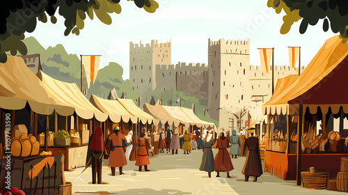 Medieval market scene with a castle in the background. Medieval Artisan Market. Illustration