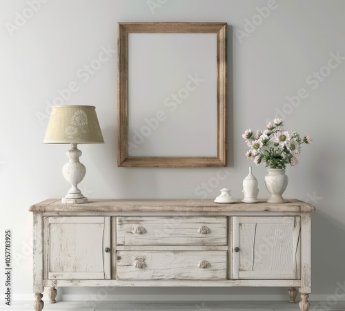 A white distressed wooden console table with two drawers and two doors. a lamp with a patterned lampshade. a framed mirror. and a vase of flowers on top