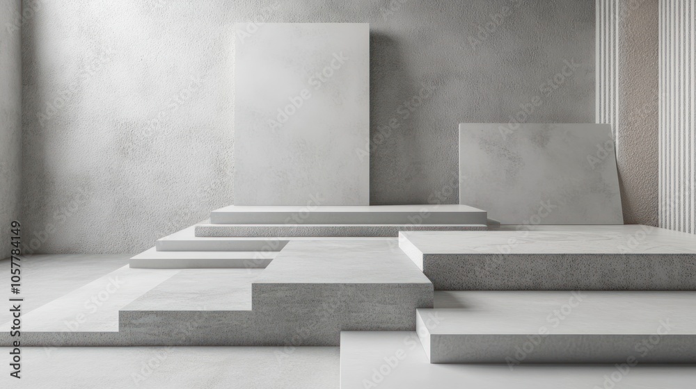 A minimalist white podium with steps in a concrete room with a blank white canvas. A minimalist white podium with steps in a concrete room with a blank white canvas.