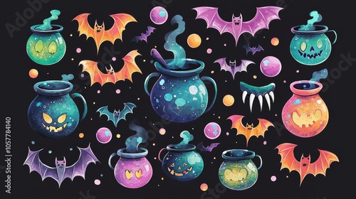 A vibrant collection of whimsical cauldrons and bats, perfect for Halloween-themed designs and illustrations. photo