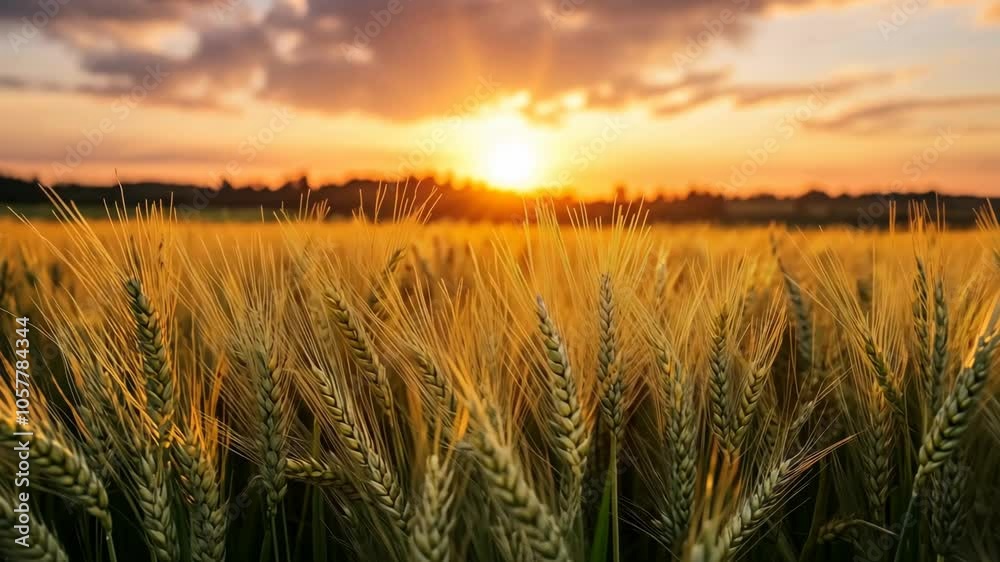 Golden wheat stalks sway in the breeze as the sun sets over a field Golden wheat stalks sway in the breeze as the sun sets over a field