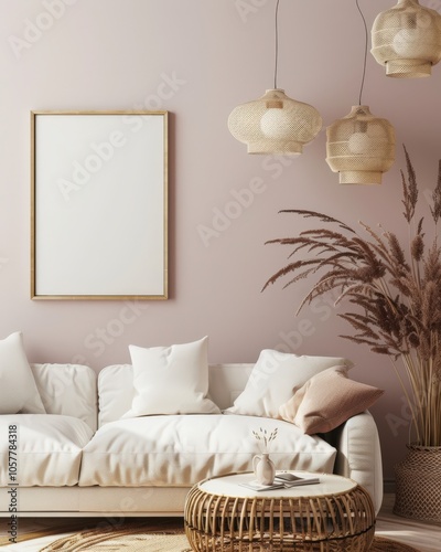 Minimalist living room interior with a white sofa. a coffee table. a large framed poster. pampas grass. and three wicker pendant lights against a pale pink wall