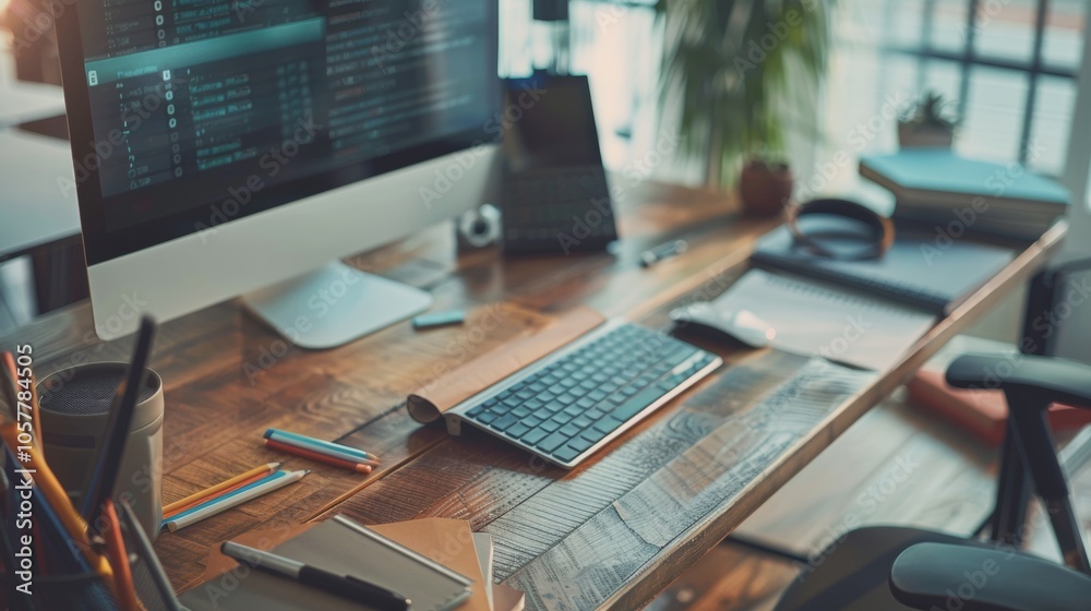 Modern office desk setup with computer and stationery Modern office desk setup with computer and stationery