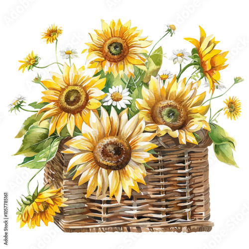 Watercolor clipart of a basket of sunflower and daisies flowers, isolated on a white background, and sunflower vector