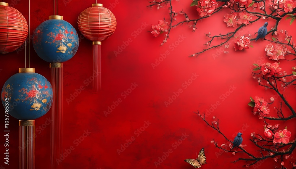 Obraz premium Blue birds on cherry blossoms beside ornate lanterns, with butterflies on a rich red backdrop creating a serene ambiance.