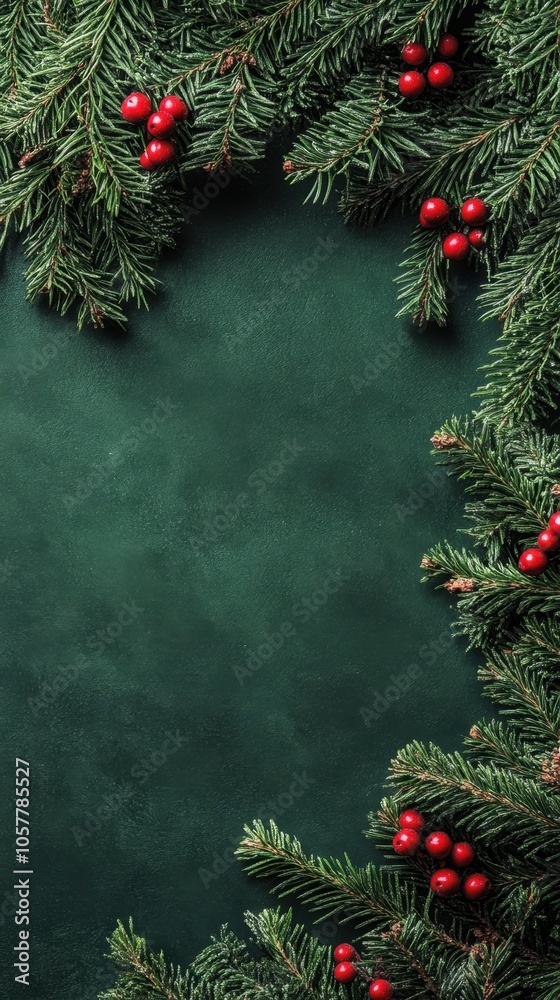 Christmas Pine Branch Frame with Holly Berries on Dark Green Background Christmas Pine Branch Frame with Holly Berries on Dark Green Background