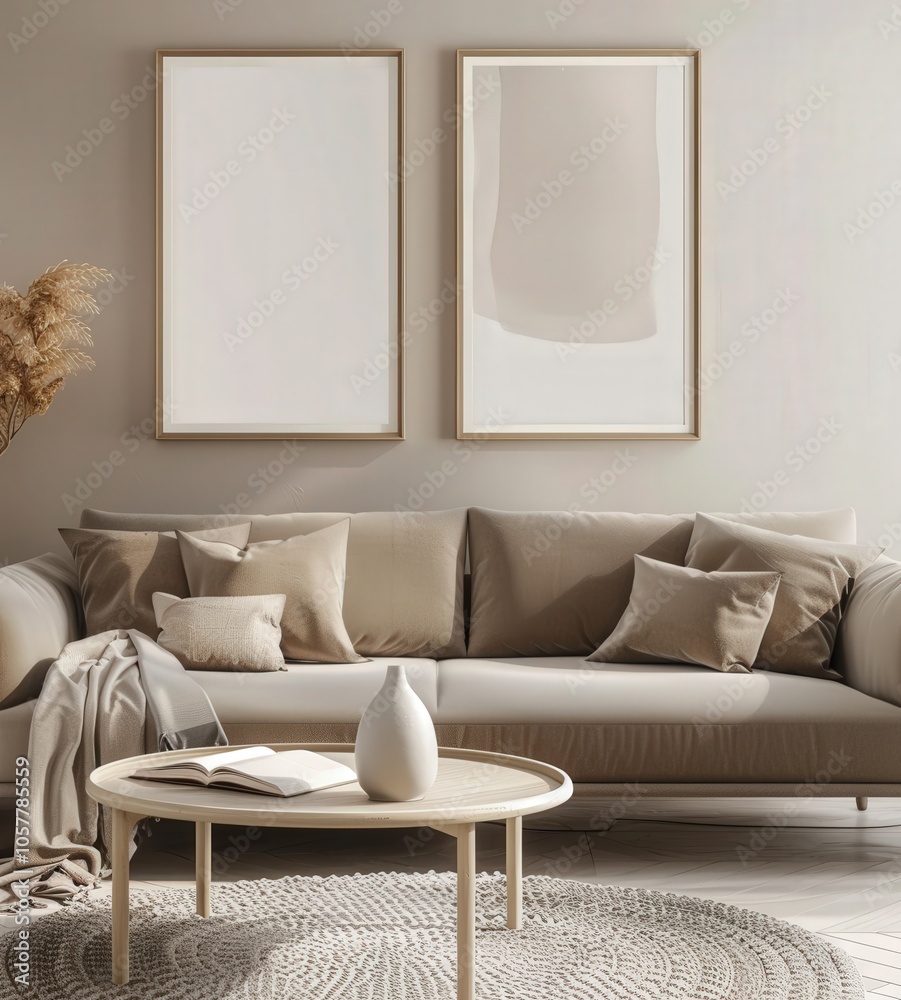 A cozy living room with a beige sofa. a coffee table with a book. a vase. and a rug Two framed prints hang above the sofa There is also a dried flower arrangement next to the sofa A cozy living room with a beige sofa. a coffee table with a book. a vase. and a rug Two framed prints hang above the sofa There is also a dried flower arrangement next to the sofa