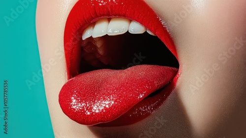 Bright red lips and tongue showcasing artistic makeup against a vibrant turquoise background