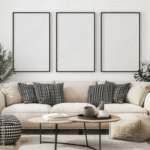 Three blank frames mockup above a beige sofa in a modern living room with a coffee table. a small ottoman. and a plant photo