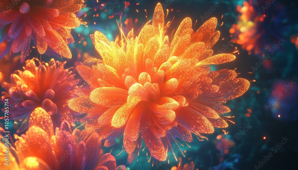 A vibrant collection of glowing orange flowers against a dark backdrop, evoking a sense of enchanting serenity. A vibrant collection of glowing orange flowers against a dark backdrop, evoking a sense of enchanting serenity.