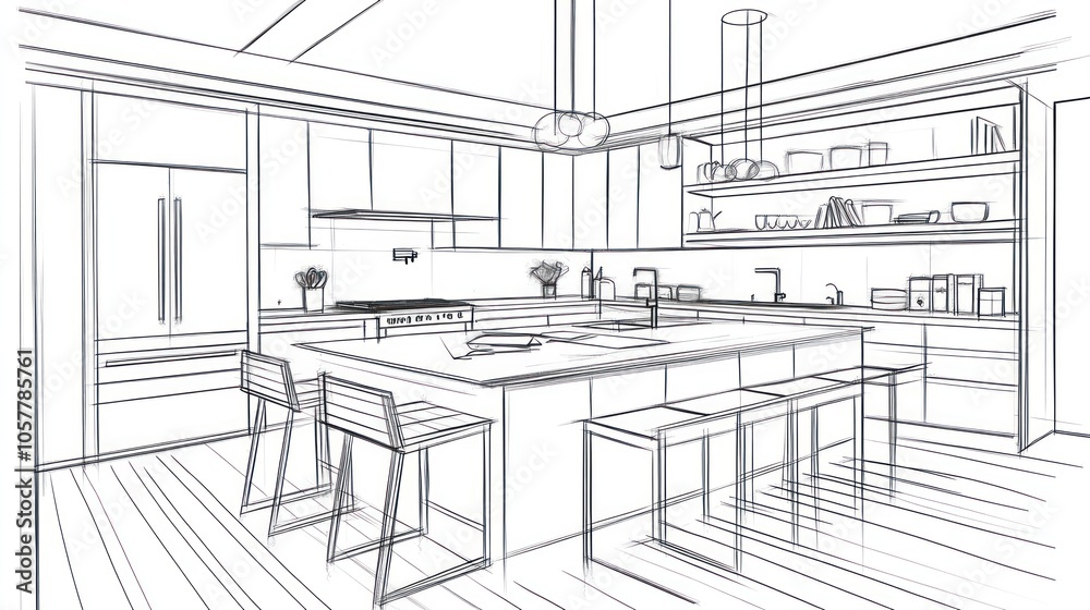 A line drawing of a modern kitchen design with an island, a refrigerator, cabinets, and a sink. A line drawing of a modern kitchen design with an island, a refrigerator, cabinets, and a sink.