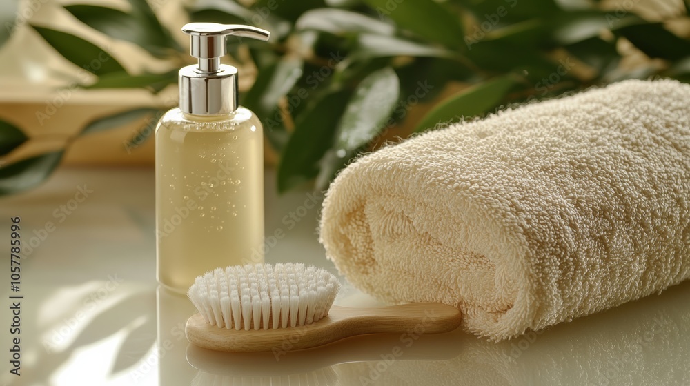 A bottle of facial cleanser with a soft brush and warm towel emphasizes the importance of deep cleansing for healthy skin. A bottle of facial cleanser with a soft brush and warm towel emphasizes the importance of deep cleansing for healthy skin.