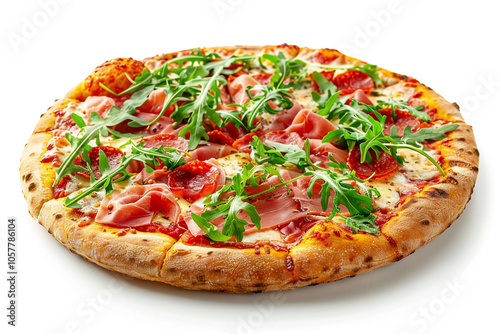 Artisanal Prosciutto and Arugula Pizza with a White Background