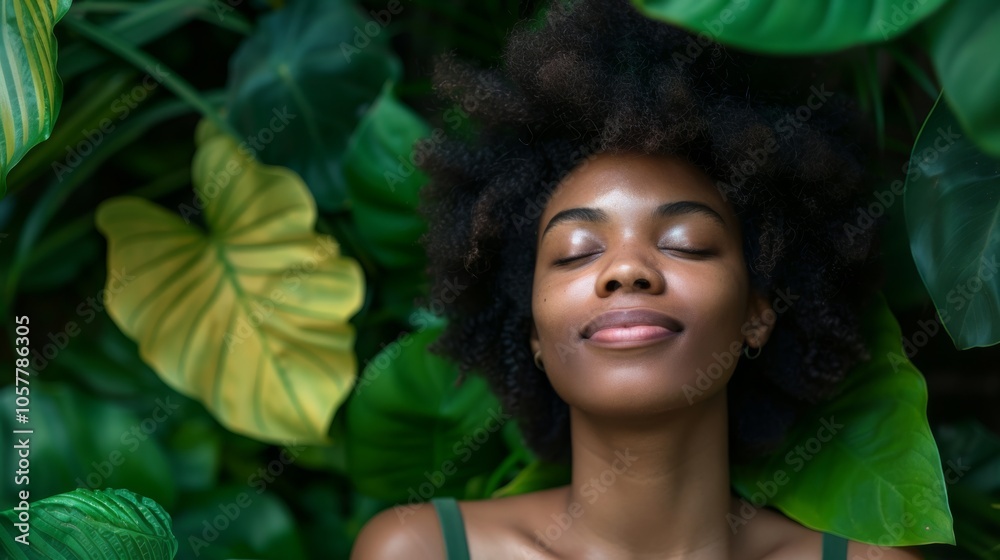 Serene black woman enjoying the beauty of lush green tropical leaves with a calm and content expression Serene black woman enjoying the beauty of lush green tropical leaves with a calm and content expression