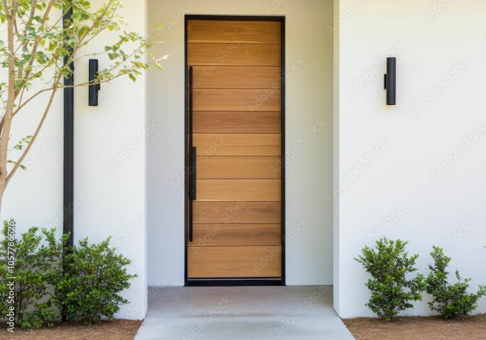 Modern wooden front door with black trim in minimalist exterior entrance.