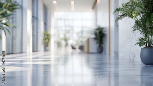 A modern office hallway with large windows, marble floors, and potted plants.