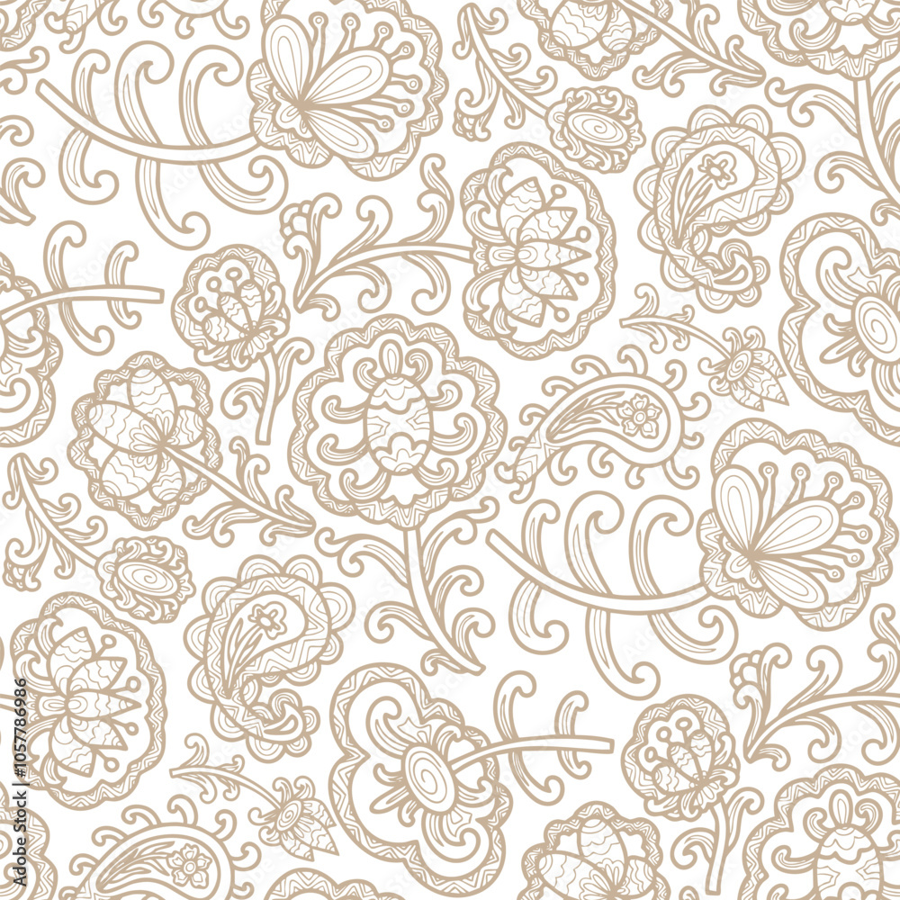 Fototapeta premium Swirl, hand drawn, beige colour ornamental flowers, paisley pattern, white background. Seamless floral pattern-477.