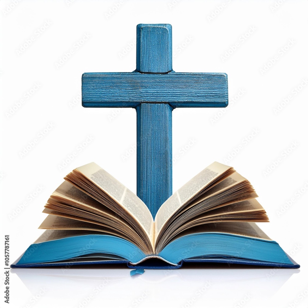 wooden religion cross and opened blue book of holy bible isolated over white background religious christian holiday symbol of faith in god christianity feast wooden religion cross and opened blue book of holy bible isolated over white background religious christian holiday symbol of faith in god christianity feast