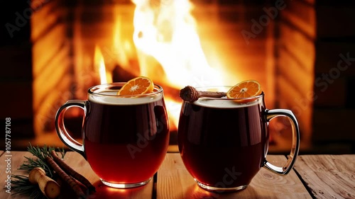 Cozy winter ambiance with two glass mugs of hot mulled wine by a warm fireplace