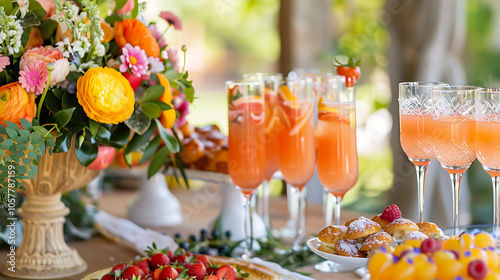 A Vibrant and Festive Birthday Brunch Setup Featuring Colorful Cocktails, Delicious Brunch Dishes, Whimsical Decorations, and a Cheerful Atmosphere for a Perfect Celebration with Friends and Family