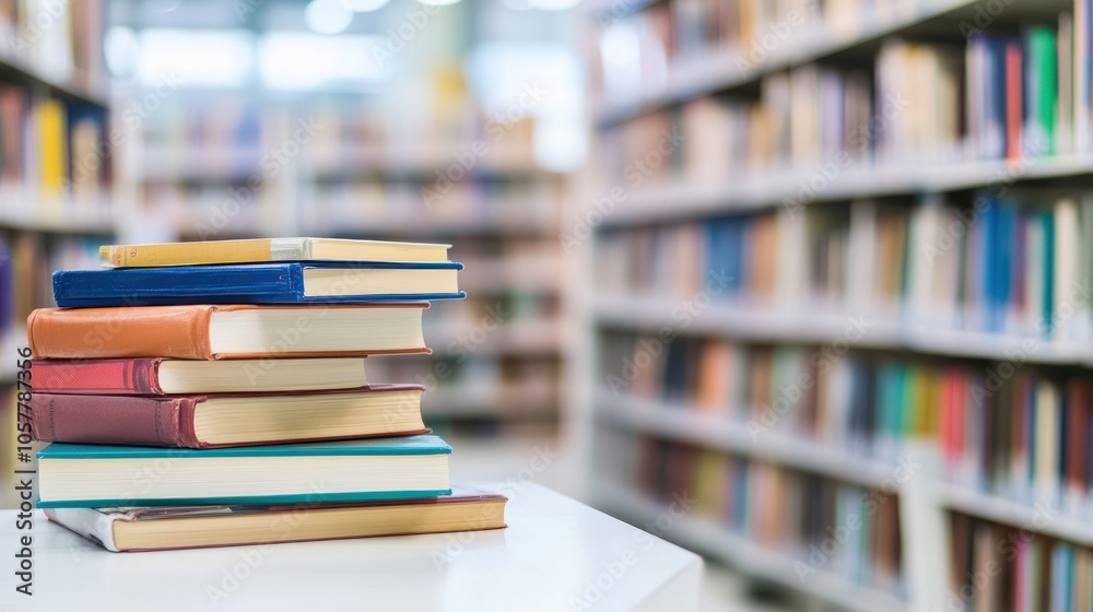 A stack of colorful books on a white table with a blurry background of bookshelves filled with books. A stack of colorful books on a white table with a blurry background of bookshelves filled with books.