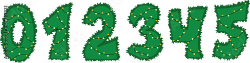 Vector counting 0-5 numbers in christmas tree style. Golden bubbles lights shine. Green numbers with gerland. Zero One Two Three Four Five. Merry Christmas. Santa Claus greeting card. Matching game