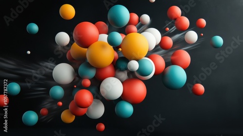 Dynamic pattern of balls bouncing in a circle, motion blur effect, dark backdrop