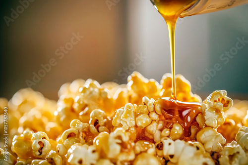 Delicious caramel popcorn being drizzled with syrup, with gooey strings forming.