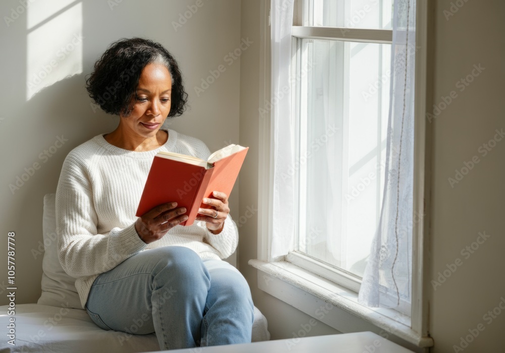 Dark skinned woman in her 40s casually reading a book by a sunlit window in cozy home Dark skinned woman in her 40s casually reading a book by a sunlit window in cozy home