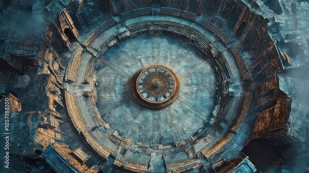 An aerial view of a circular clock tower surrounded by crumbling ruins. An aerial view of a circular clock tower surrounded by crumbling ruins.