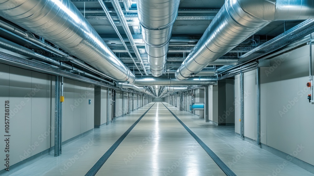 Obraz premium An industrial corridor with many large pipes overhead, lit with fluorescent lighting.