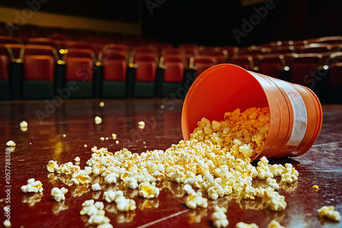 Popcorn spilling out of an overturned cinema bucket on a shiny theater floor. photo