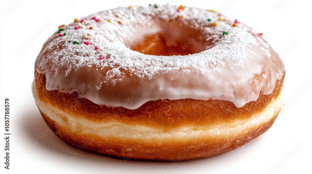 Glazed donut with powdered sugar and colorful sprinkles on a white background, AI Glazed donut with powdered sugar and colorful sprinkles on a white background, AI