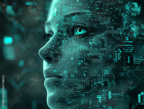 Close-up of an AI humanoids, face surrounded, IA, technology concept photo