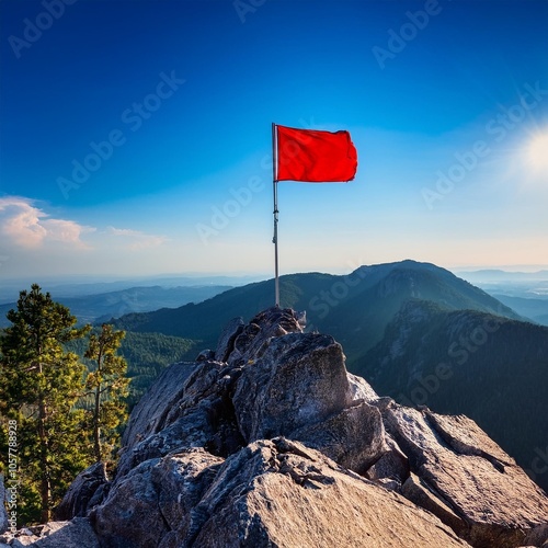 red flag waving atop rocky mountain peak with blue sky and seren photo