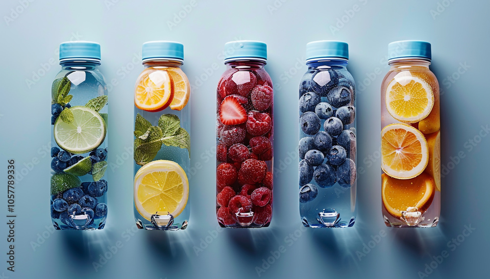 Fresh Fruit-Infused Water Bottles in Refreshing Blue Fresh Fruit-Infused Water Bottles in Refreshing Blue