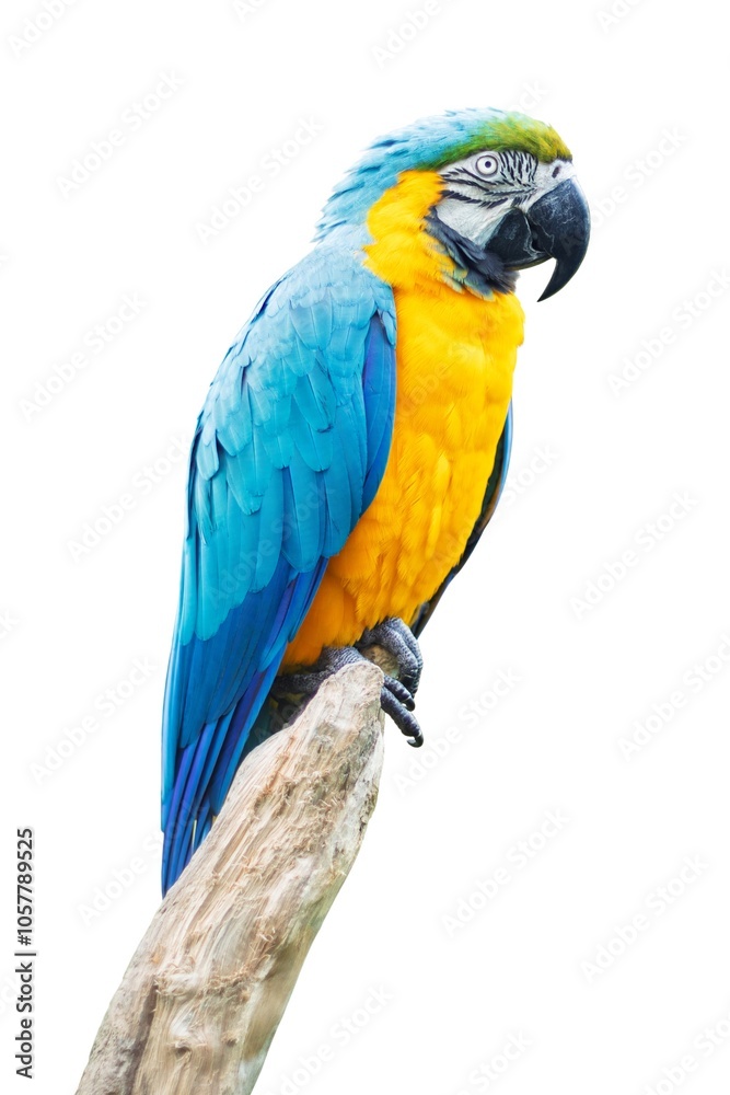 Blue-and-yellow macaw (Ara ararauna) with a large curved black beak, perched, isolated against a white background.