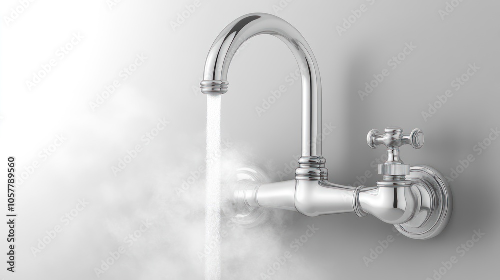 A chrome faucet with a stream of hot water flowing out of it. The water is steaming. A chrome faucet with a stream of hot water flowing out of it. The water is steaming.