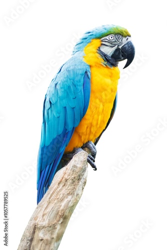Obraz na płótnie Blue-and-yellow macaw (Ara ararauna) with a large curved black beak, perched, isolated against a white background. w salonie