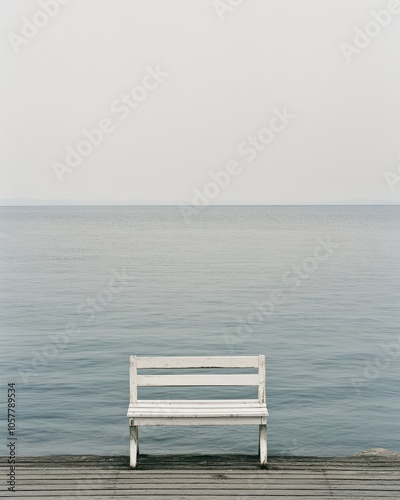 A lone white wooden bench sits on a wooden platform overlooking a calm, blue sea under a cloudy sky.