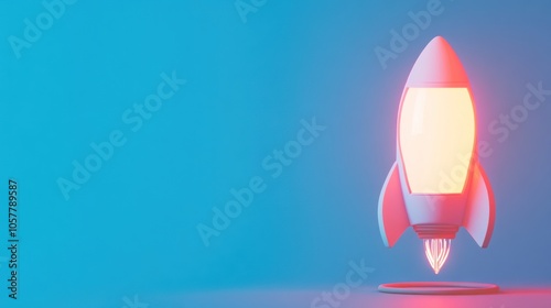 A white rocket ship with a glowing window and exhaust flame, hovering above a platform on a blue background with pink lighting.