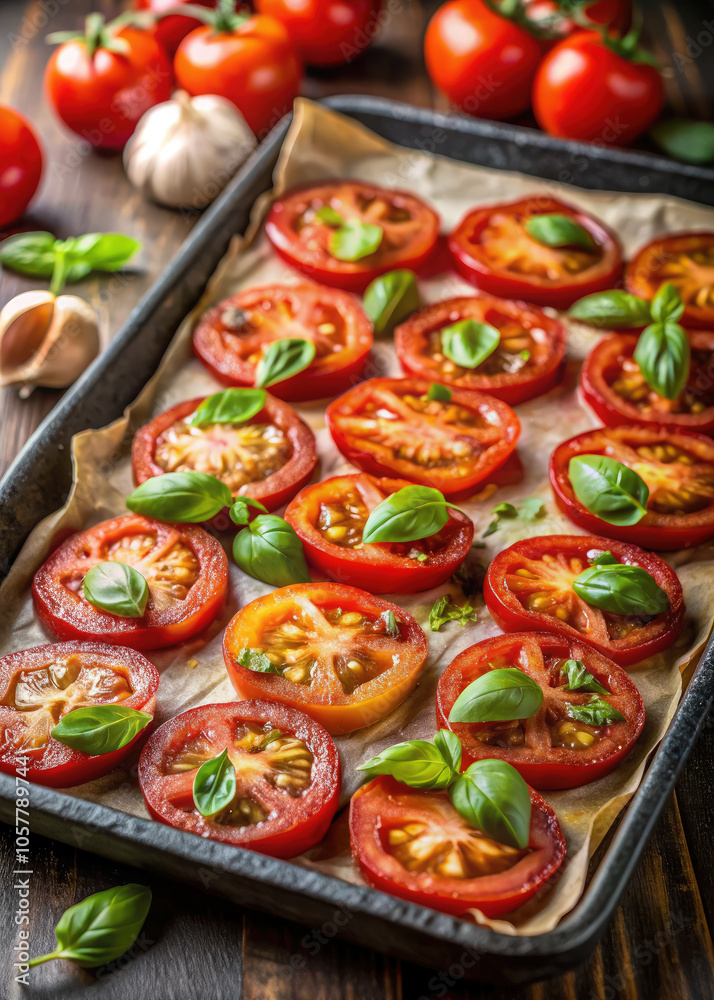 sliced tomatoes laid out on baking paper on a baking sheet on the table, making sun-dried tomatoes, tomato sauce recipe, cooking, food, ingredient, preparation, tasty food, meal sliced tomatoes laid out on baking paper on a baking sheet on the table, making sun-dried tomatoes, tomato sauce recipe, cooking, food, ingredient, preparation, tasty food, meal