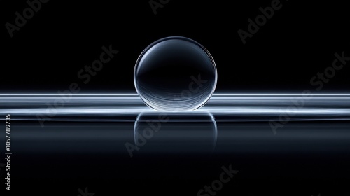 A single, clear glass sphere sits on a reflective, white surface against a black background. 