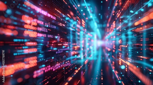 Futuristic data corridor with glowing lines and particles