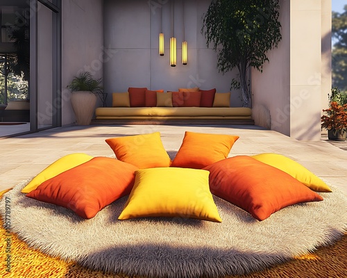 Bright yellow and orange pillows arranged in a semi-circle on a soft shaggy rug in a well-lit open living space photo