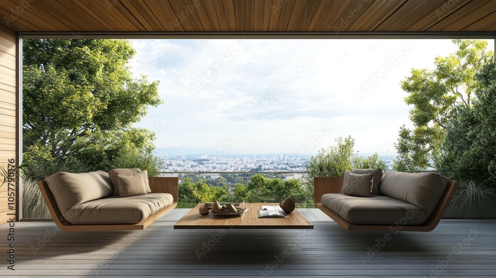 Obraz premium A modern, minimalist balcony with two lounge chairs and a coffee table, overlooking a city skyline.