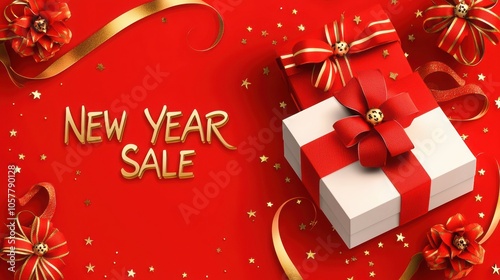 Cheerful New Year sale concept with gift box, ribbons, and festive decorations on vibrant red background. Perfect for promotions.