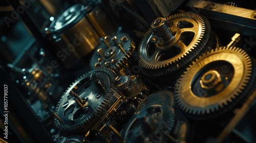 Close-up view of a complex system of gears and cogs interlocked together, working in perfect harmony.