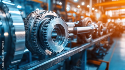 Close up of shiny metal gears on a factory production line.