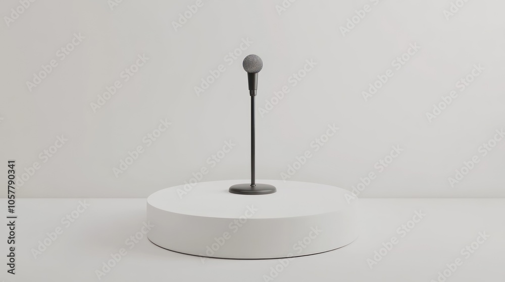 A single microphone on a stand, on a white podium, against a white background. A single microphone on a stand, on a white podium, against a white background.
